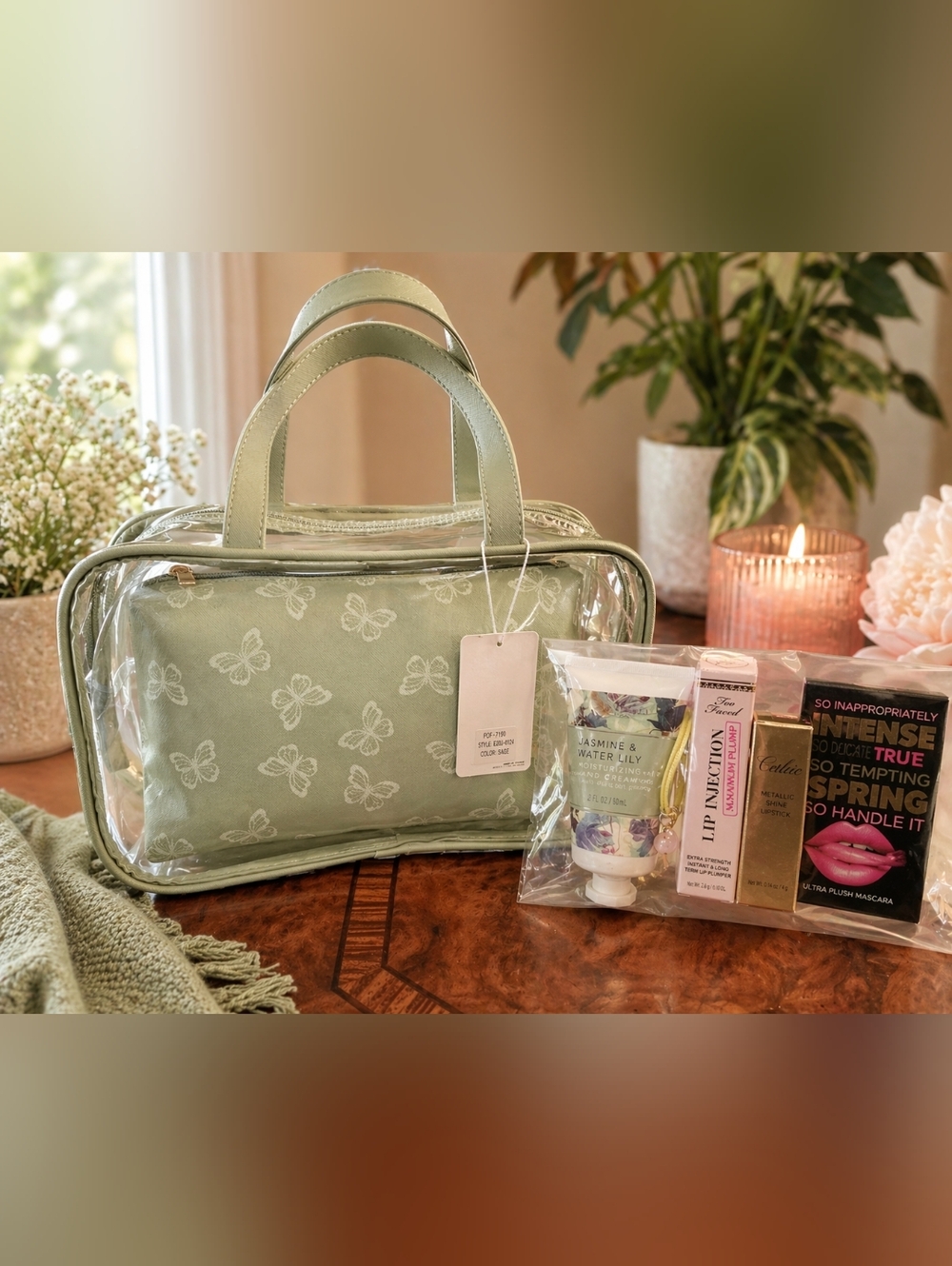 ✨ Clear Travel Cosmetic Bag Set (Sage) + FREE Beauty Bundle ✨